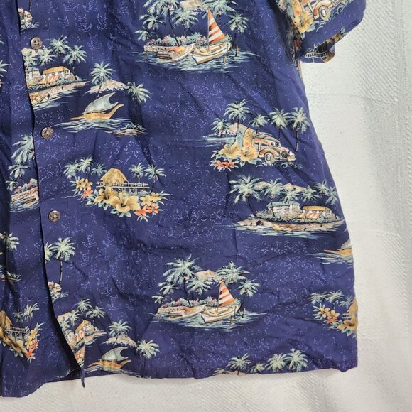 Pierre Cardin Vtg Blue Tropical Surfer Beach Scene ButtonUp Cotton Shirt Size XL - Picture 9 of 16